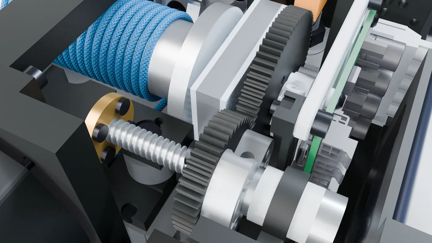 Close-up render of the drum's 81-tooth gear driving the lead screw's 45-tooth gear, with the braided rope wound on the drum