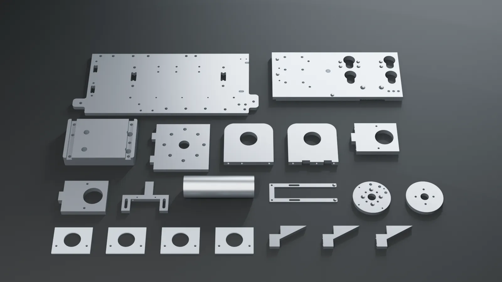 Render of the planned metal kit laid out flat: the frame plates, the drum tube and flanges, the rack side, and the machined bearing holders and brackets