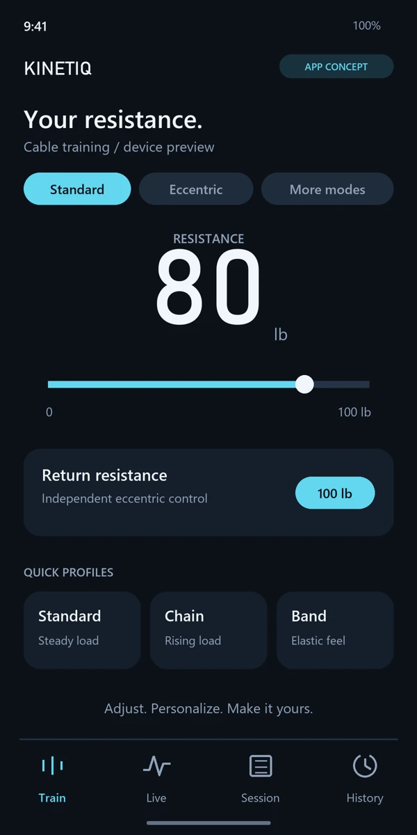 Phone app concept: resistance slider, mode selection and return resistance
