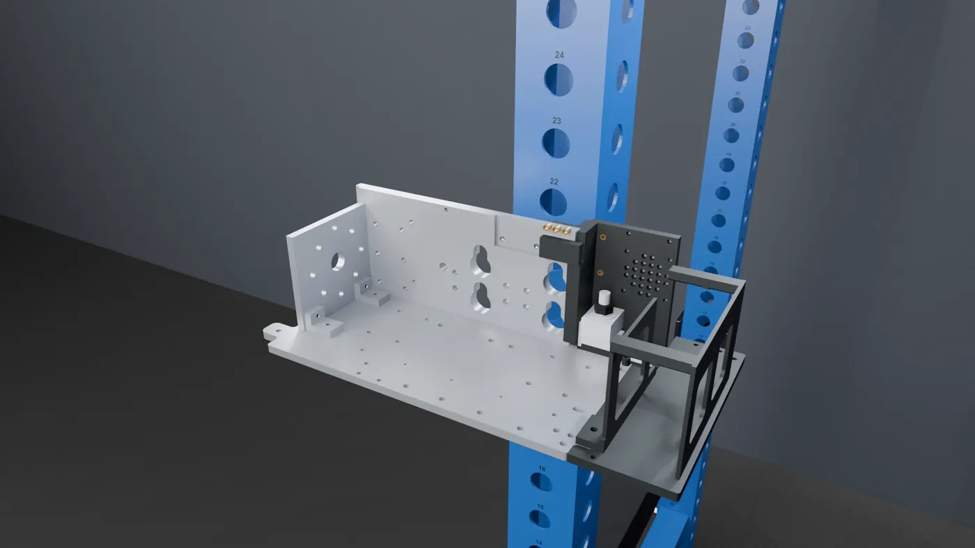 The bolted aluminum frame with its printed end pieces on the rack