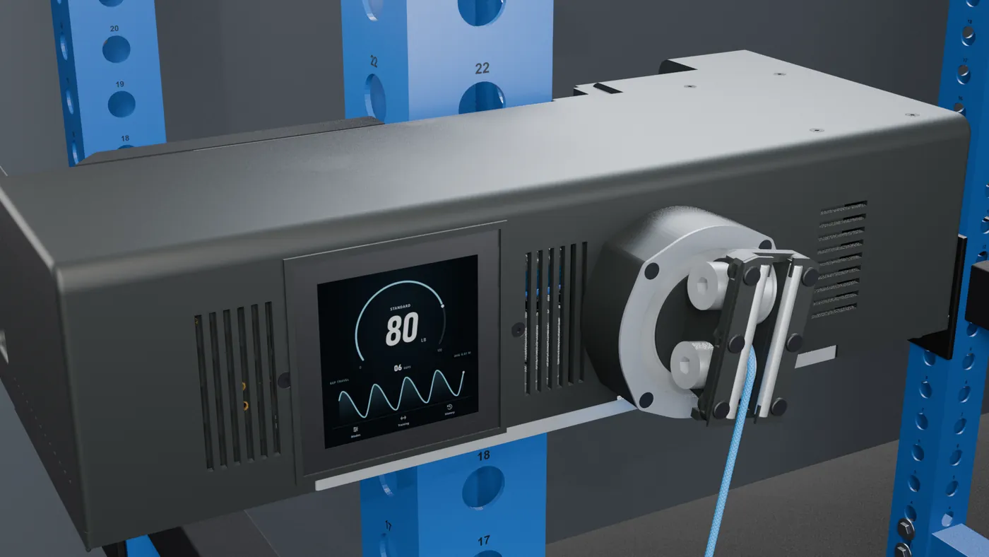 The KINETIQ trainer with its dark printed enclosure, touchscreen and swivelling cable exit, mounted on a blue rack upright