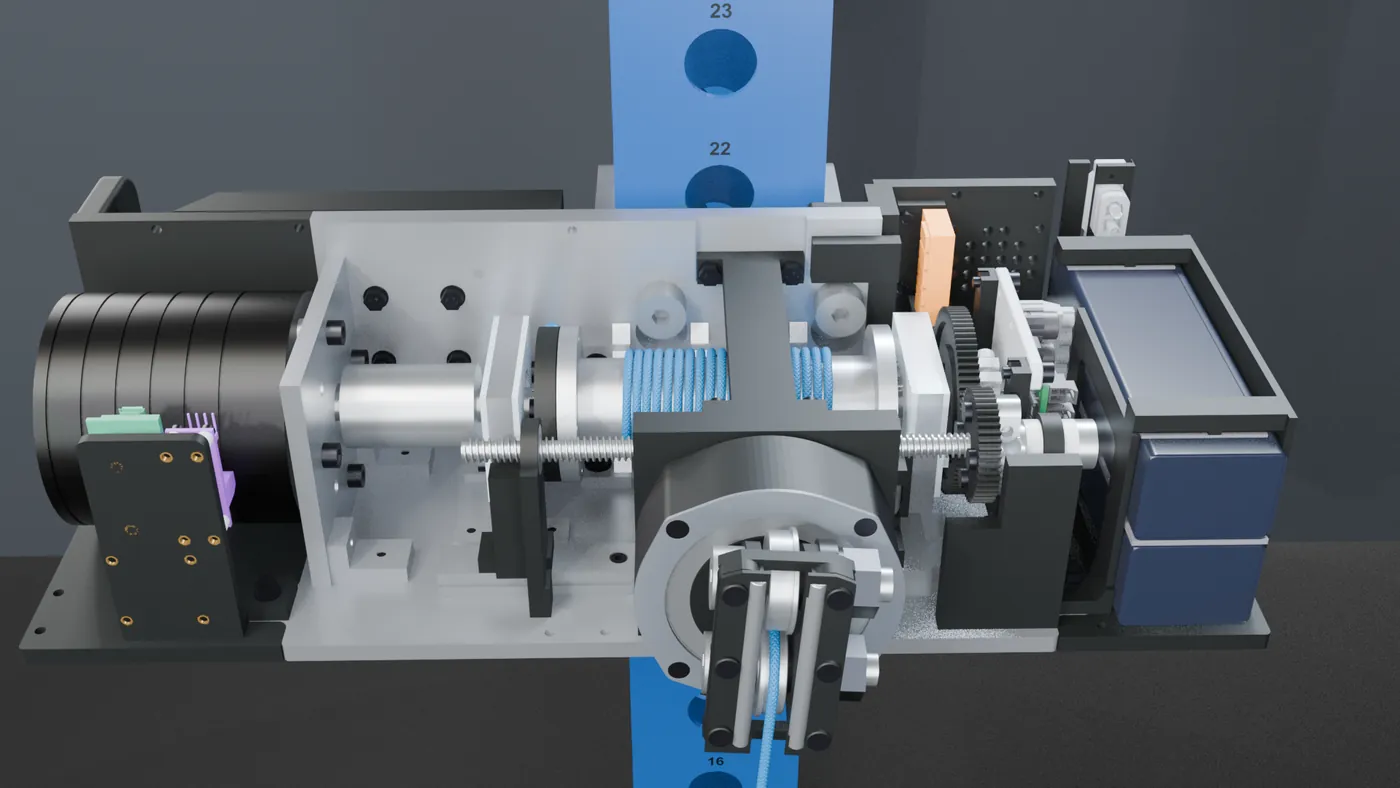 The trainer with its covers off: the motor, the drum and level-wind, the electronics and the battery packs